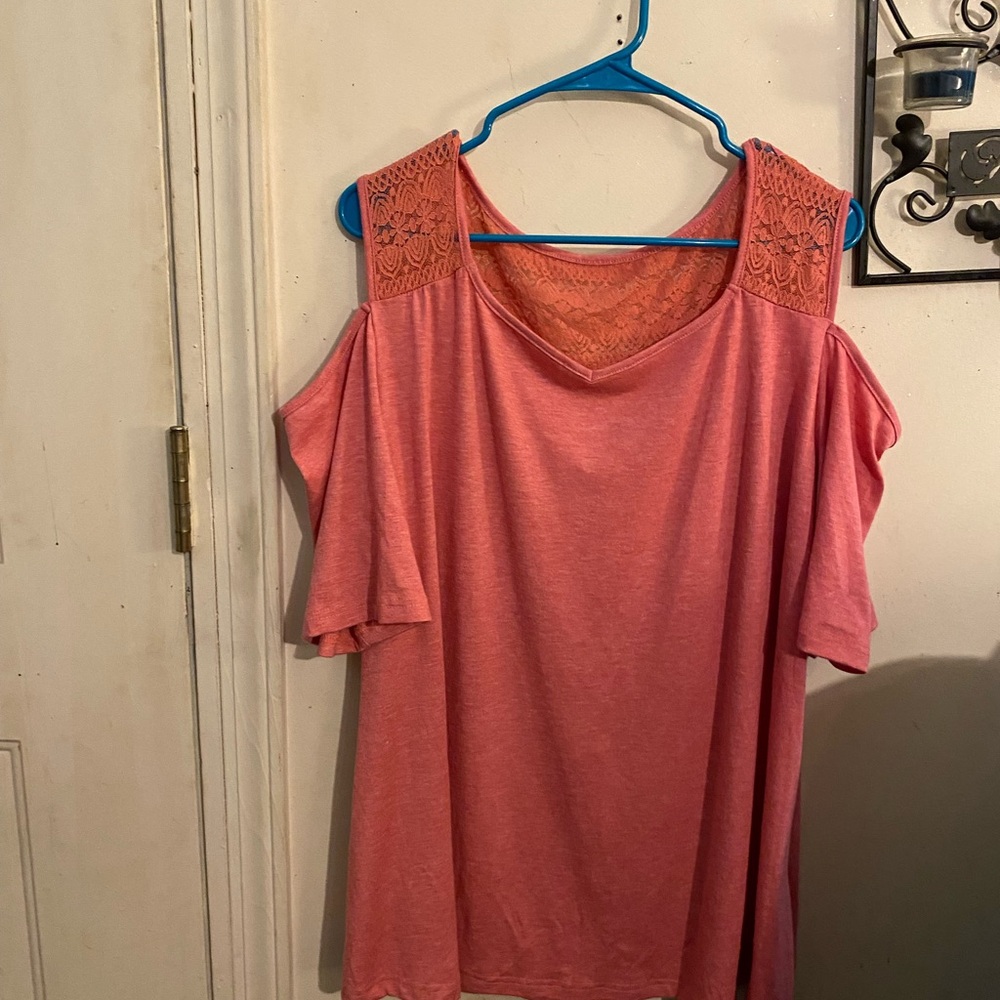 Women's Pink Lace Cold Shoulder Top